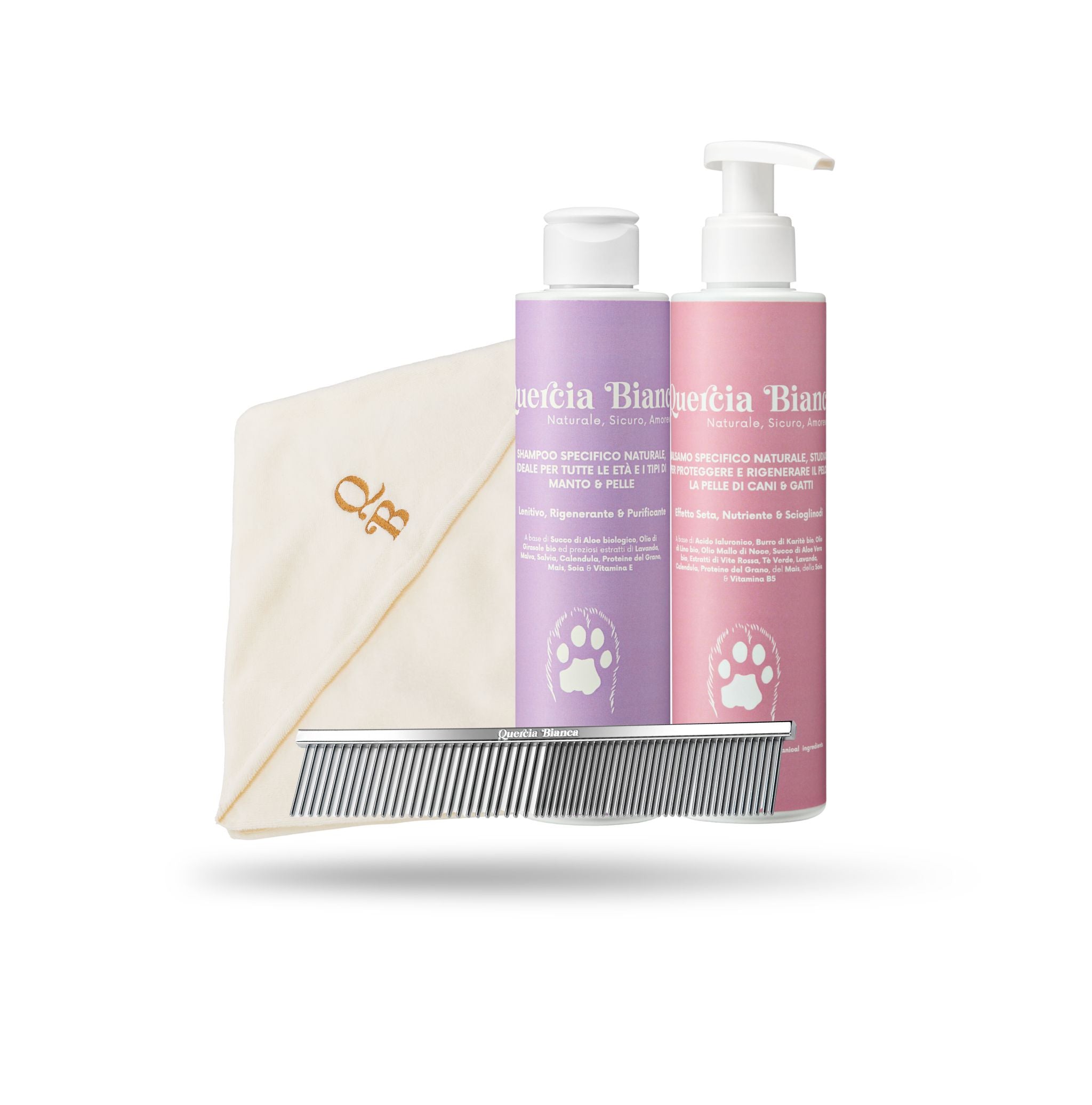 Kit Prodotti essenziali per il bagnetto delicato | Shampoo + Balsamo + Asciugamano + Pettine